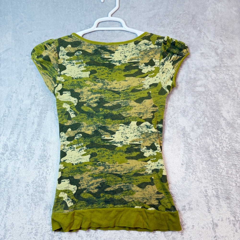 Energie T-Shirt Junior Girls M Green Camo Scoop Neck Kangaroo Pocket Y2k Grunge - Picture 8 of 8